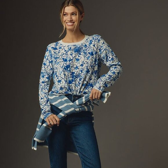 Anthropologie Sonal Nathwani Long-Sleeve Printed Tee by size L blue foral - Picture 4 of 8